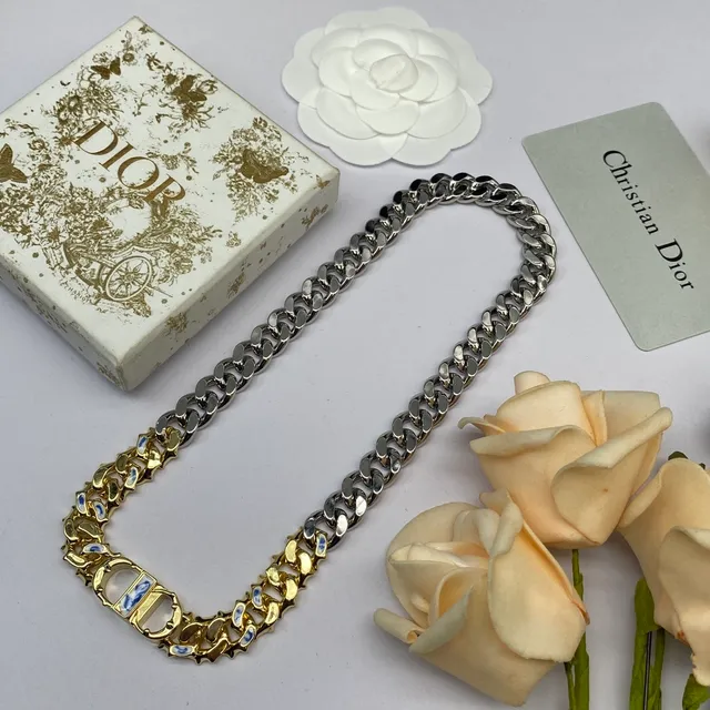 Dior Silver Gold Chunky Curb-Link Chain Two-Tone Necklace 8