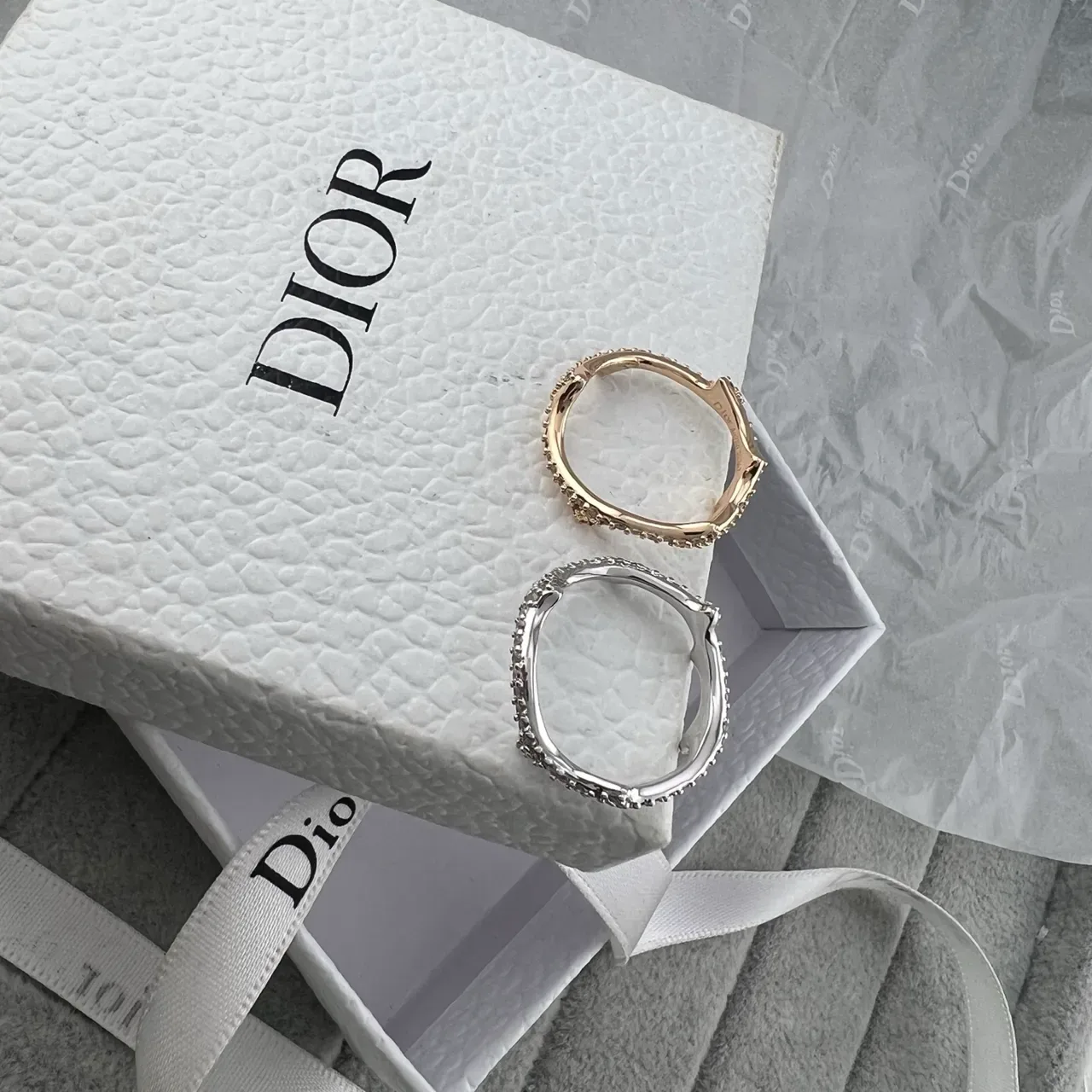 Dior Silver Gold Sculptural Pavé-Set Edges Ring 6