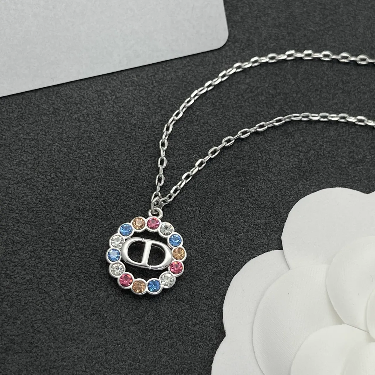 Dior Silver Multicolor Chain Circular Crystal-Encrusted Pendant Necklace 6