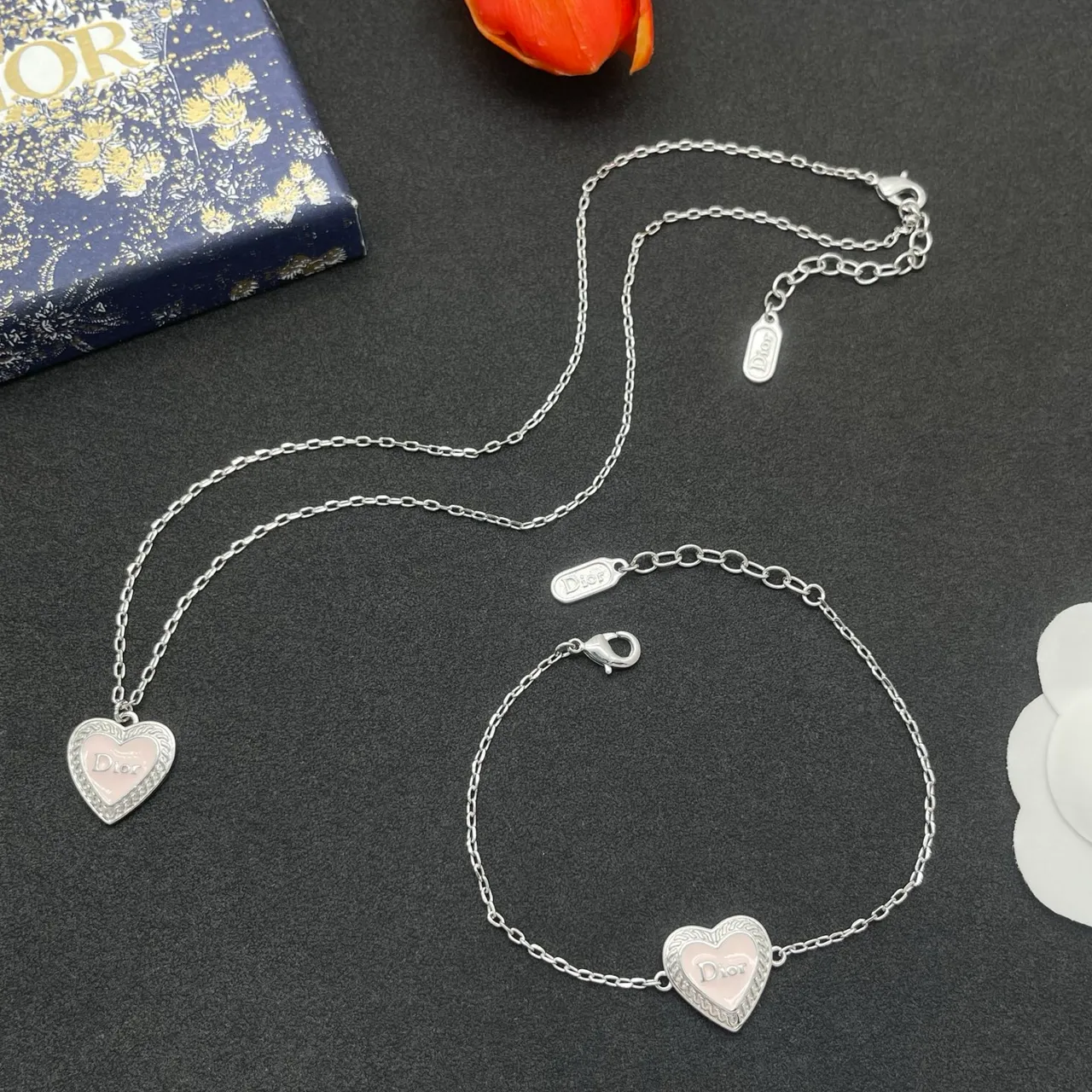 Dior Silver Pink Heart-Shaped Pendant Enamel Inlay Necklace 2