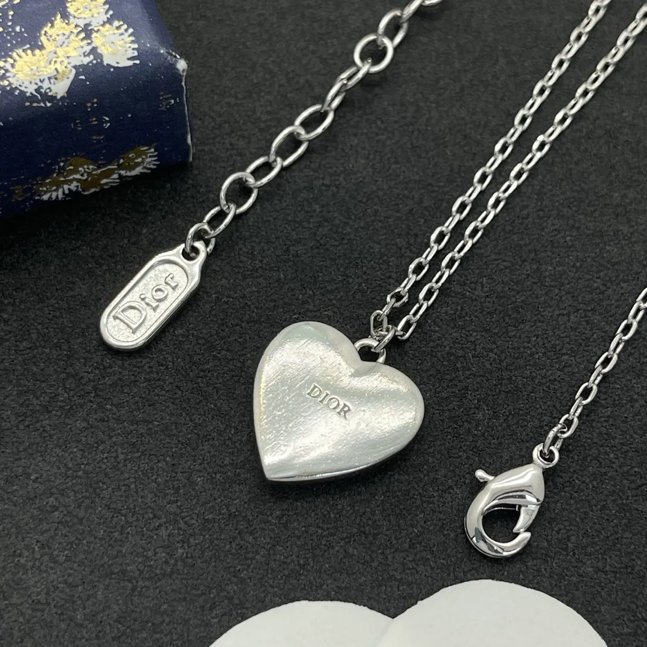 Dior Silver Pink Heart-Shaped Pendant Enamel Inlay Necklace 3