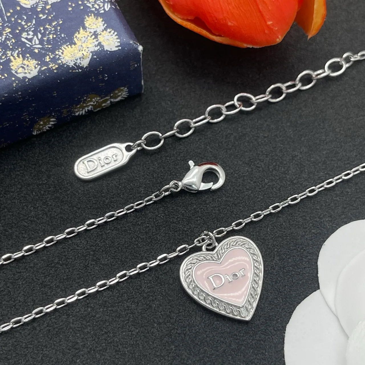 Dior Silver Pink Heart-Shaped Pendant Enamel Inlay Necklace 4