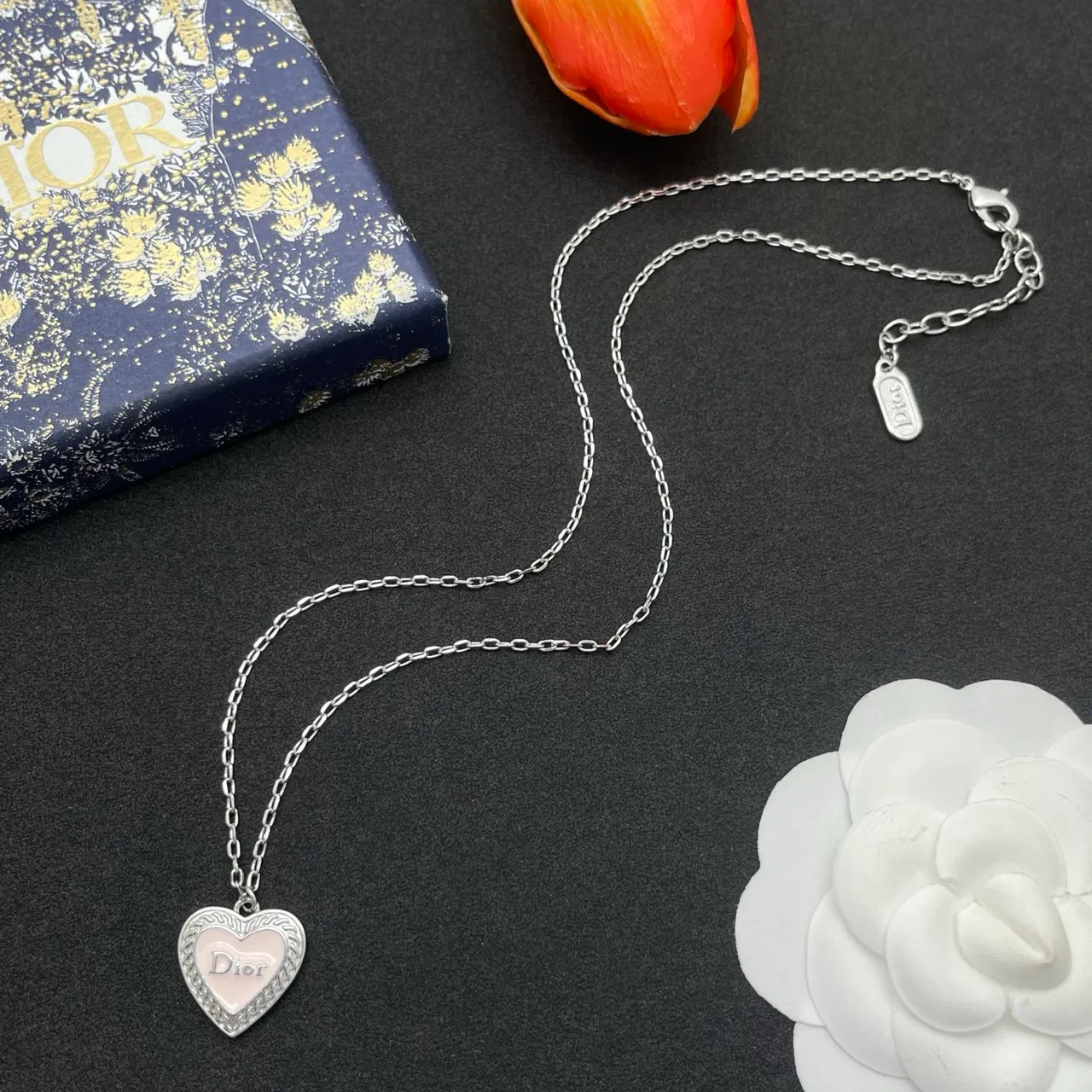 Dior Silver Pink Heart-Shaped Pendant Enamel Inlay Necklace 7