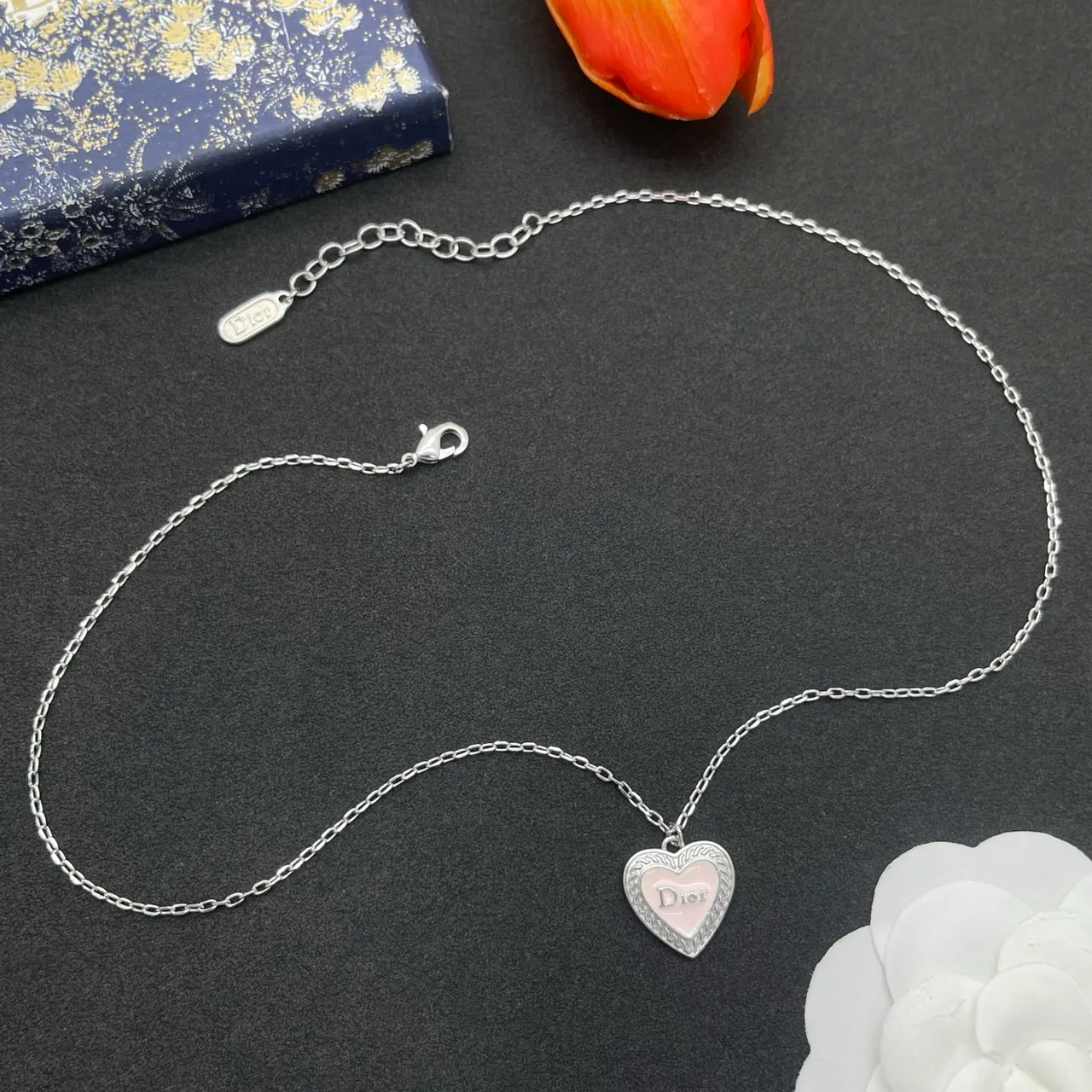 Dior Silver Pink Heart-Shaped Pendant Enamel Inlay Necklace 8