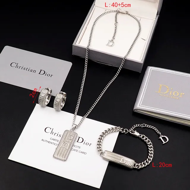 Dior Silver White Curb Chain Rectangular Textured Pendant Necklace 3