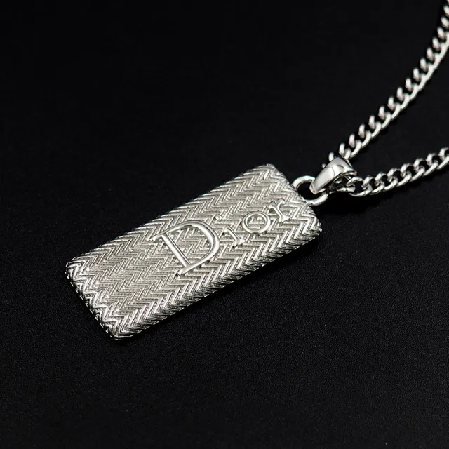Dior Silver White Curb Chain Rectangular Textured Pendant Necklace 4