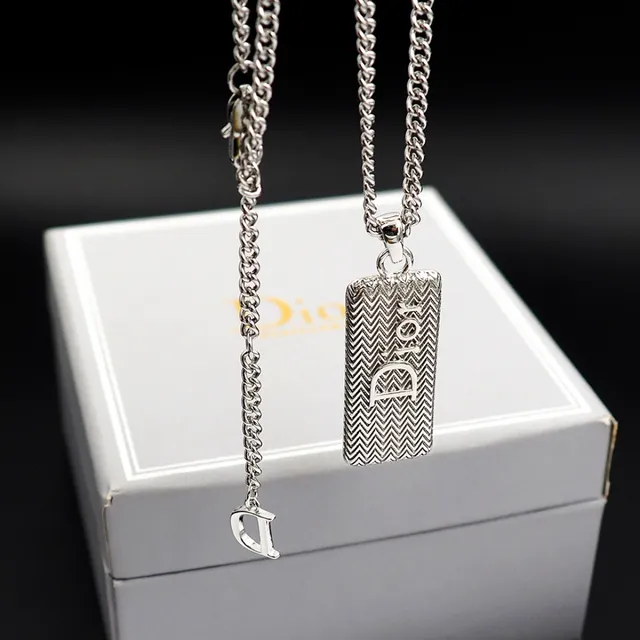 Dior Silver White Curb Chain Rectangular Textured Pendant Necklace 5