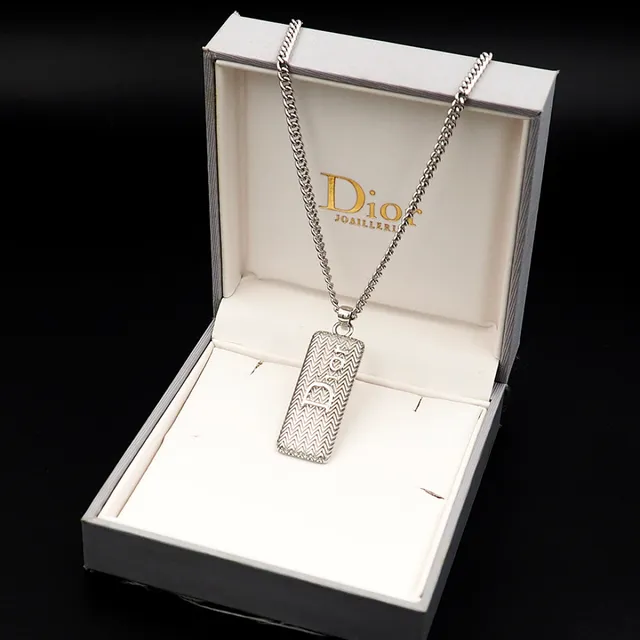 Dior Silver White Curb Chain Rectangular Textured Pendant Necklace 7