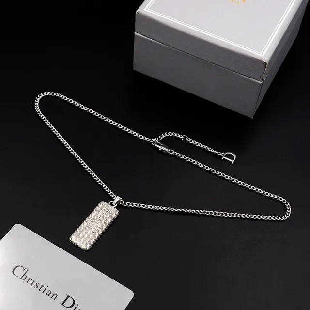 Dior Silver White Curb Chain Rectangular Textured Pendant Necklace 8