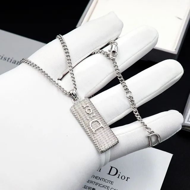 Dior Silver White Curb Chain Rectangular Textured Pendant Necklace 9