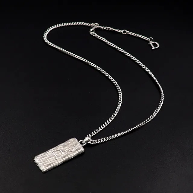 Dior Silver White Curb Chain Rectangular Textured Pendant Necklace 10