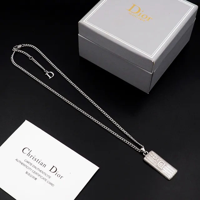 Dior Silver White Curb Chain Rectangular Textured Pendant Necklace 11