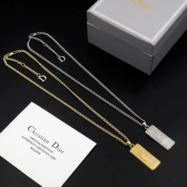 Dior Silver White Curb Chain Rectangular Textured Pendant Necklace 12