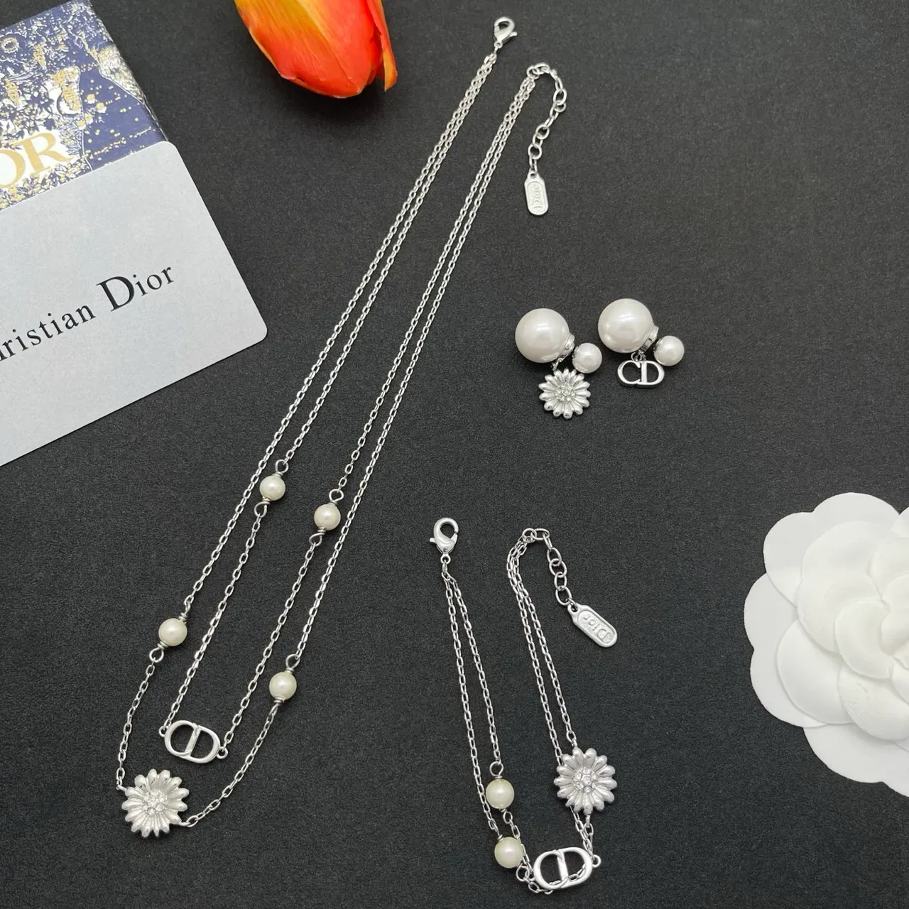 Dior Silver White Double-Chain Floral Charm Bracelet 2