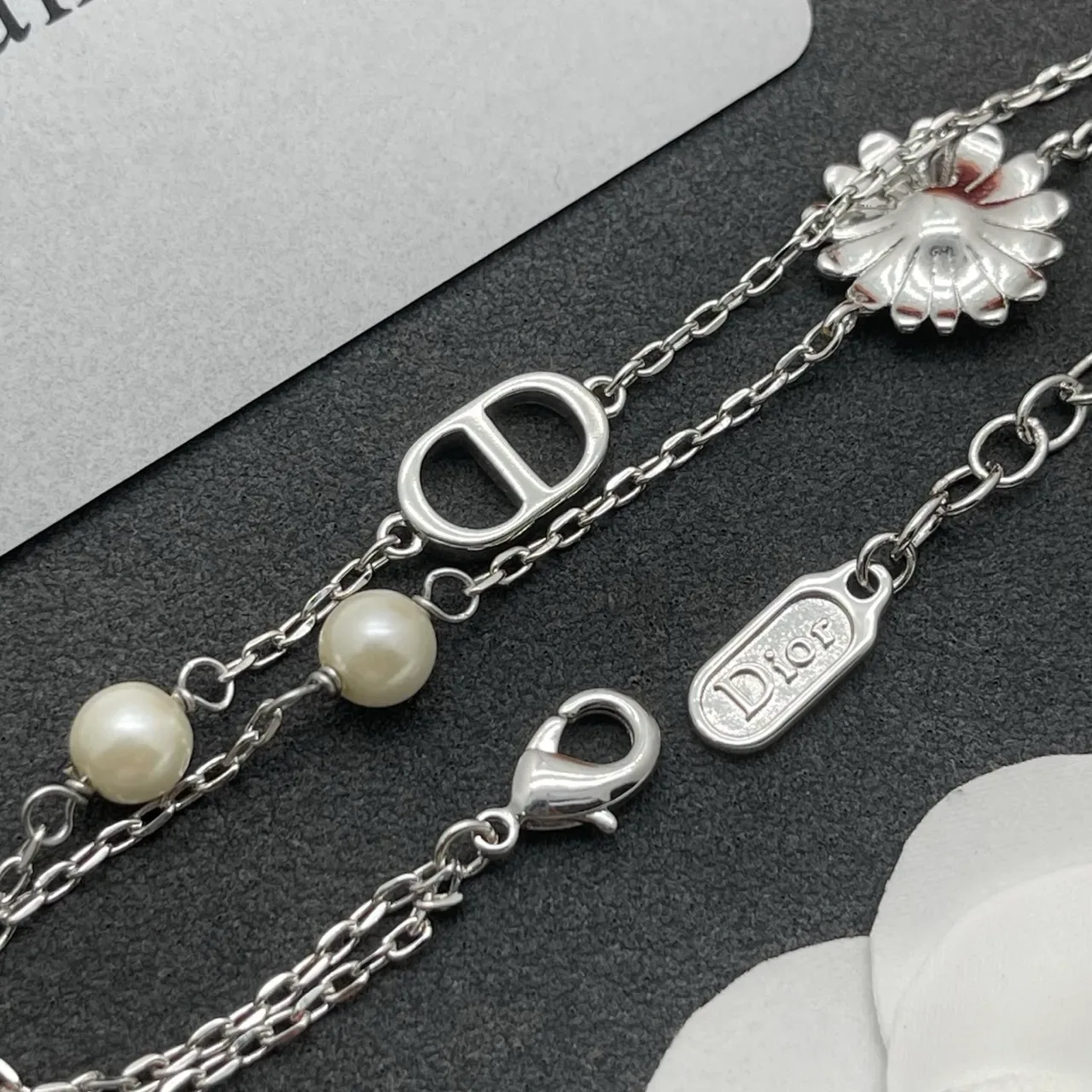 Dior Silver White Double-Chain Floral Charm Bracelet 3