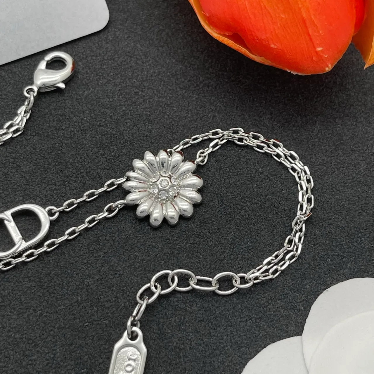 Dior Silver White Double-Chain Floral Charm Bracelet 5