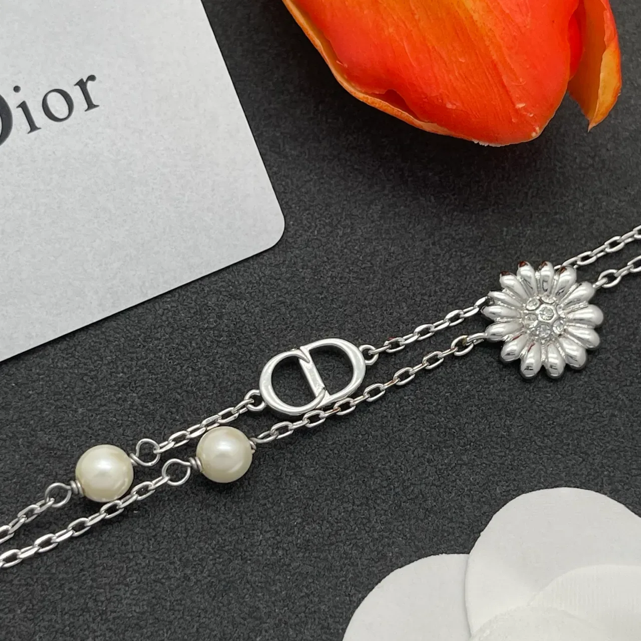 Dior Silver White Double-Chain Floral Charm Bracelet 7