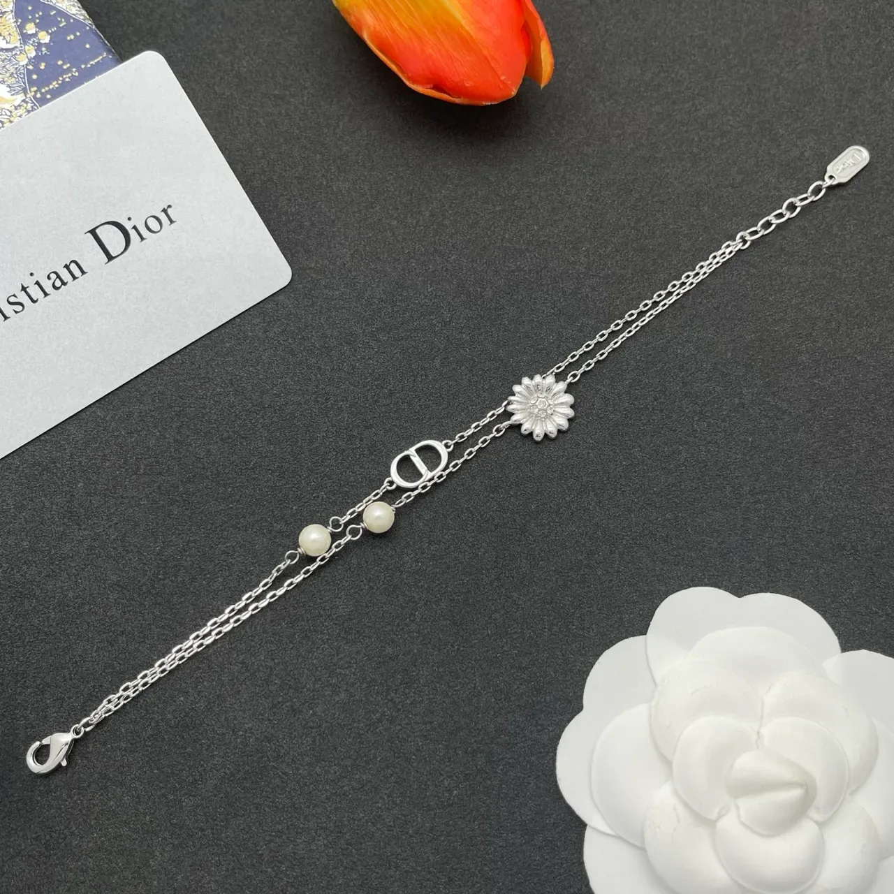 Dior Silver White Double-Chain Floral Charm Bracelet 8