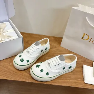 Dior White Green Embroidered Clovers Canvas Shoes