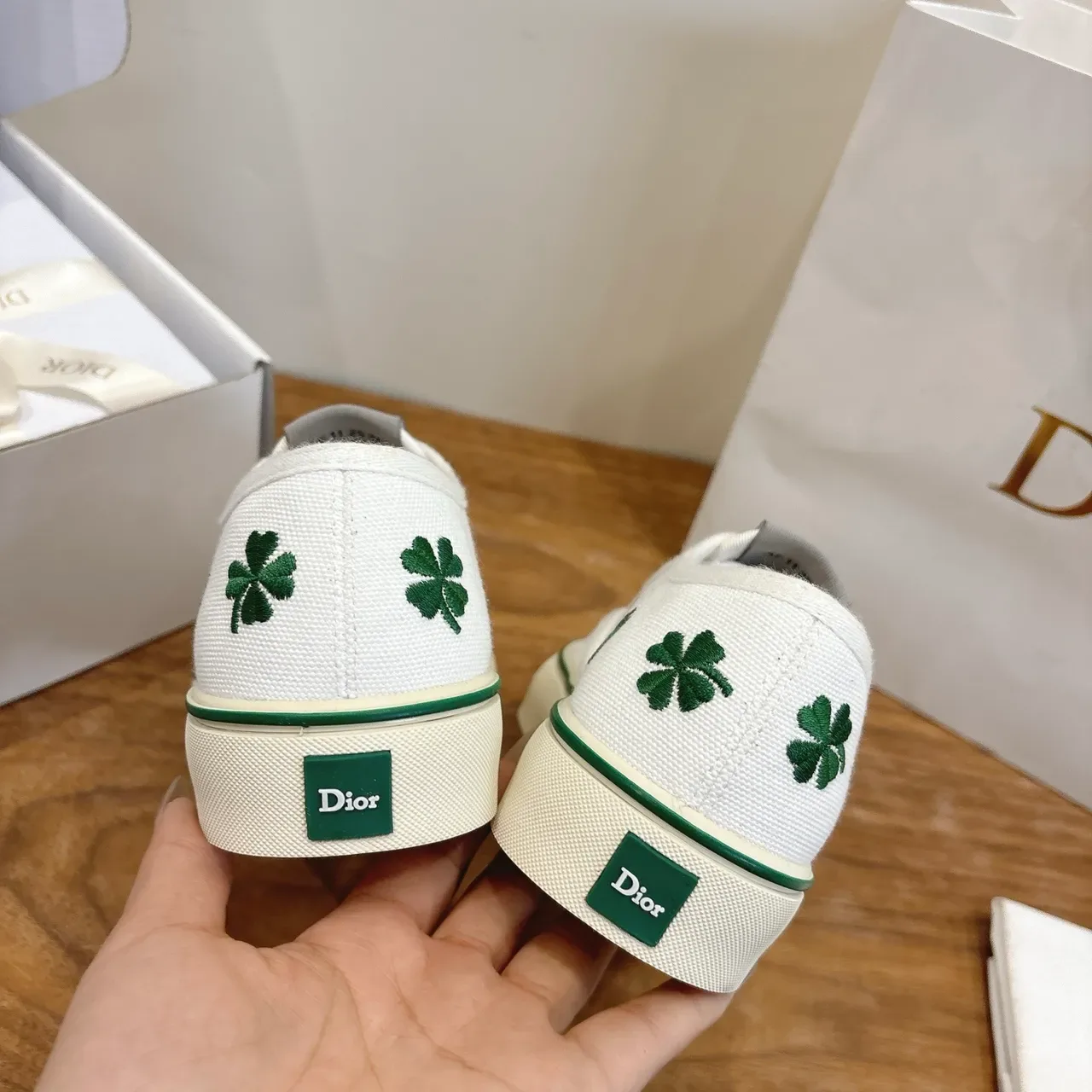 Dior White Green Embroidered Clovers Canvas Shoes 3