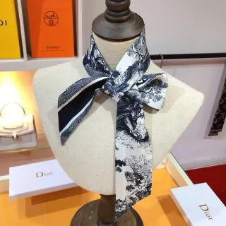 Dior Bufanda Seda Estampado Toile Monocromático Borde Rayado Blanco Navy