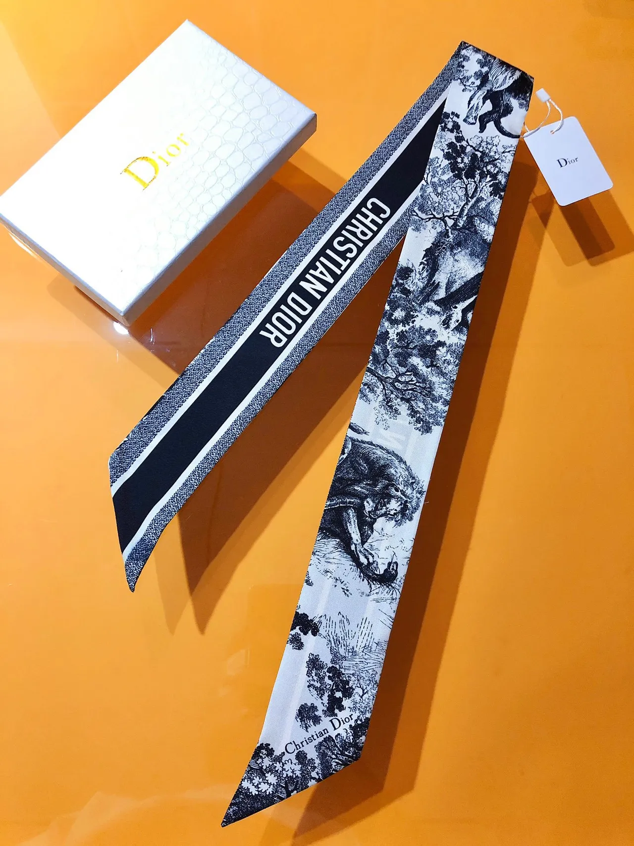 Dior Lenço de Seda Estampa Toile Monocromático Borda Listrada Branco Navy 6