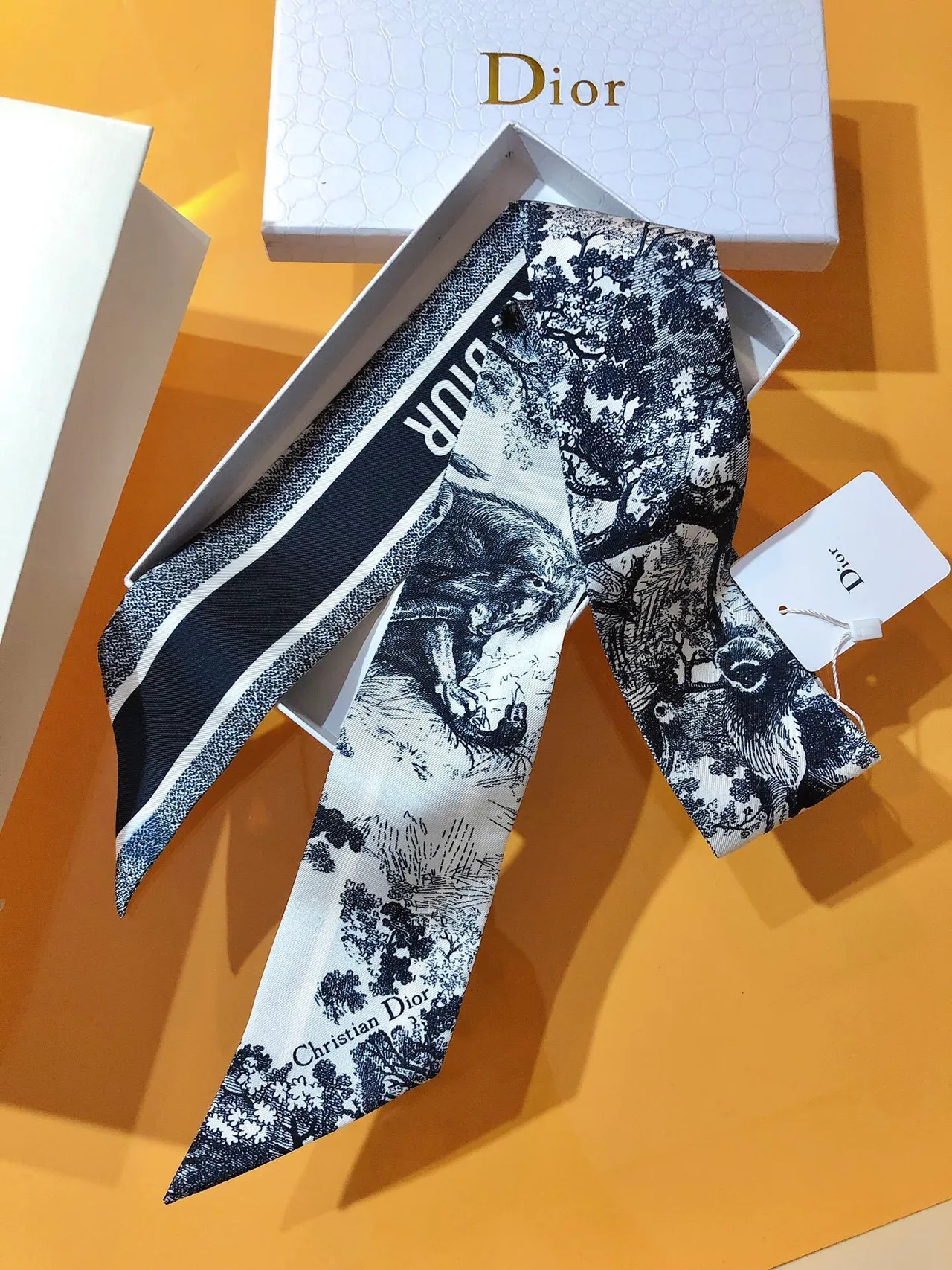 Dior Lenço de Seda Estampa Toile Monocromático Borda Listrada Branco Navy 7