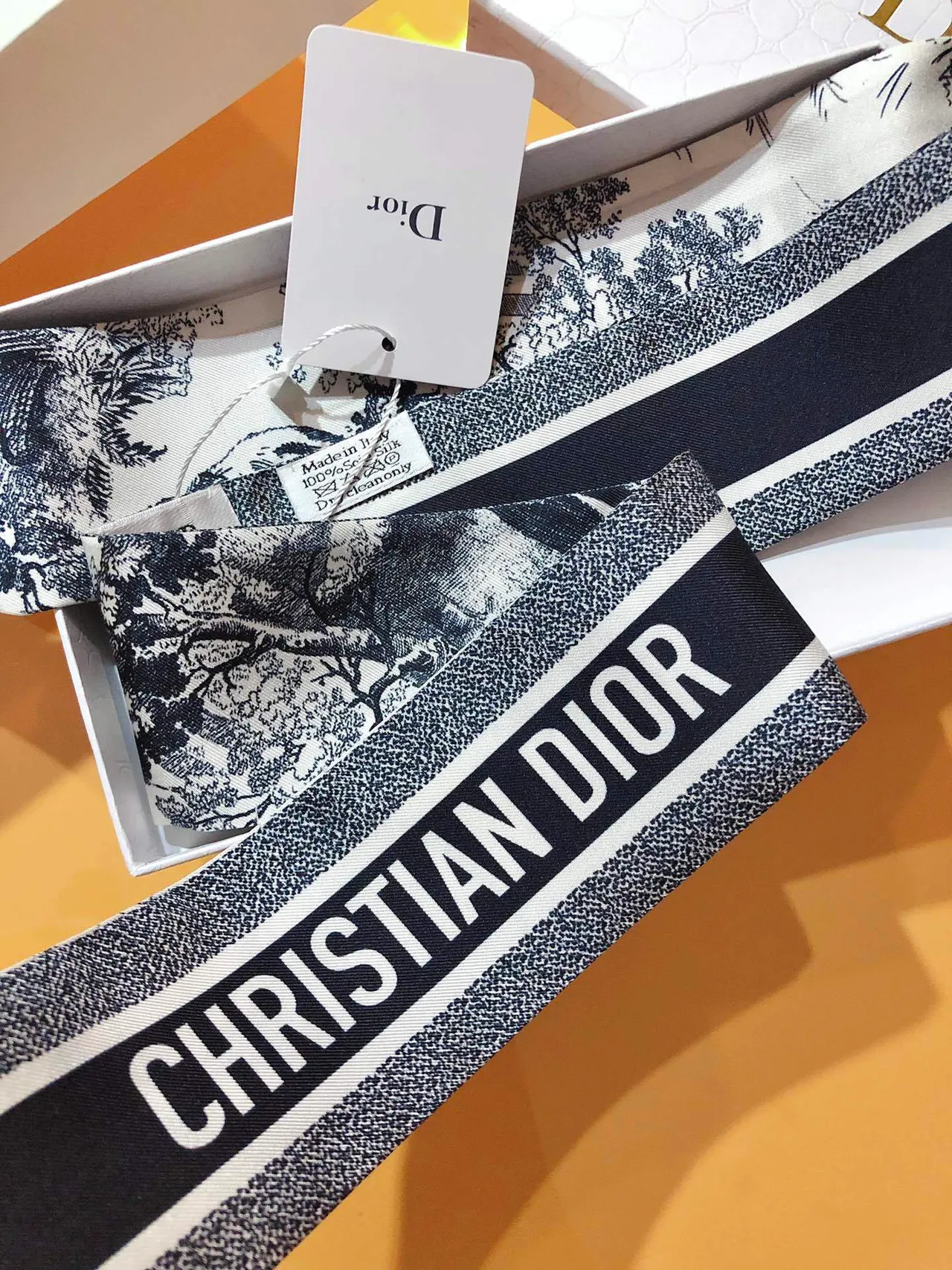 Dior Lenço de Seda Estampa Toile Monocromático Borda Listrada Branco Navy 9