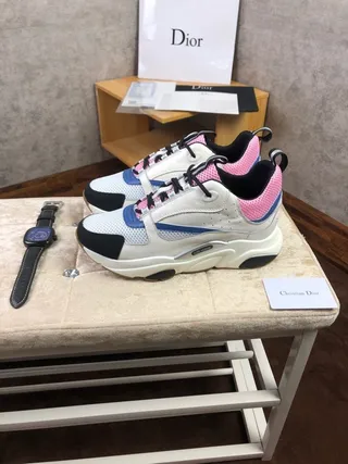 Dior White Pink Sole Color-Blocked Mesh And Synthetic Chunky Sneakers 3