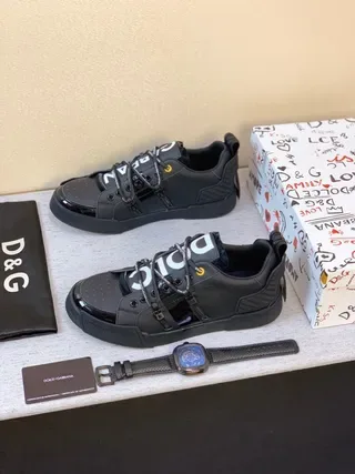 Dolce & Gabbana Logo-Laced Black Glossy Toe Strap Sneakers 2