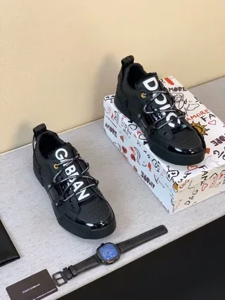 Dolce & Gabbana Logo-Laced Black Glossy Toe Strap Sneakers 6