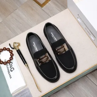 Dolce & Gabbana Portofino Black Gold Suede Upper Metal Plaque Loafer