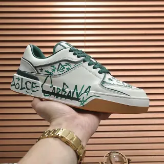 Dolce & Gabbana White Green Low-Top Platform Graffiti-Print Leather Lifestyle Sneakers