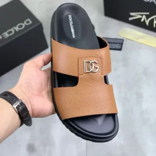 Dolce & Gabbana Brown Black Two-Strap Pebbled Leather Slippers