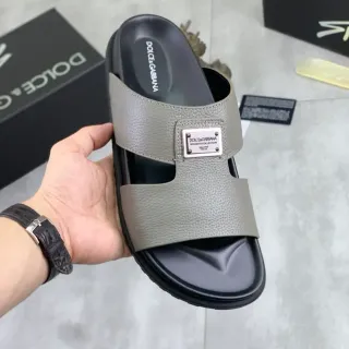 Dolce & Gabbana Gray Pebbled Leather Double-Strap Slide Slippers