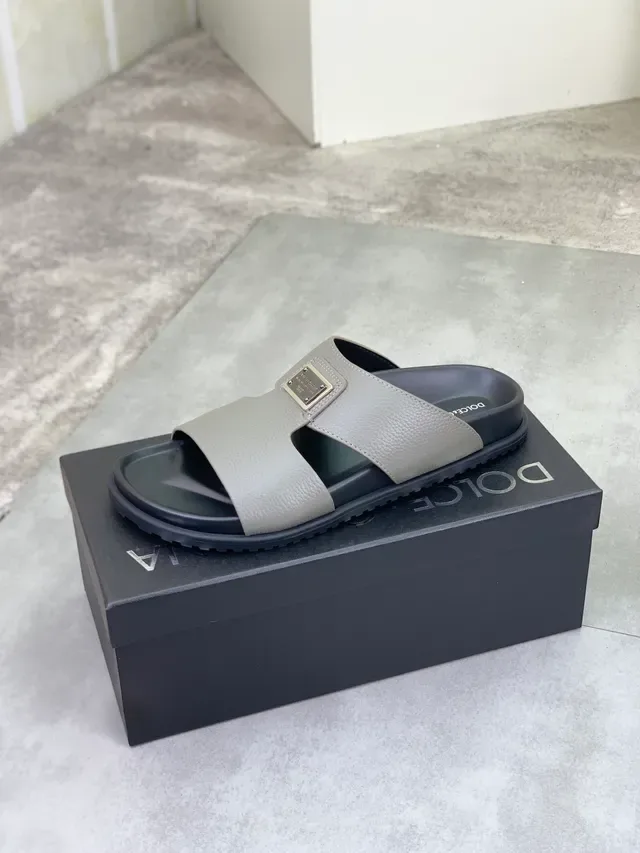 Dolce & Gabbana Gray Pebbled Leather Double-Strap Slide Slippers 4