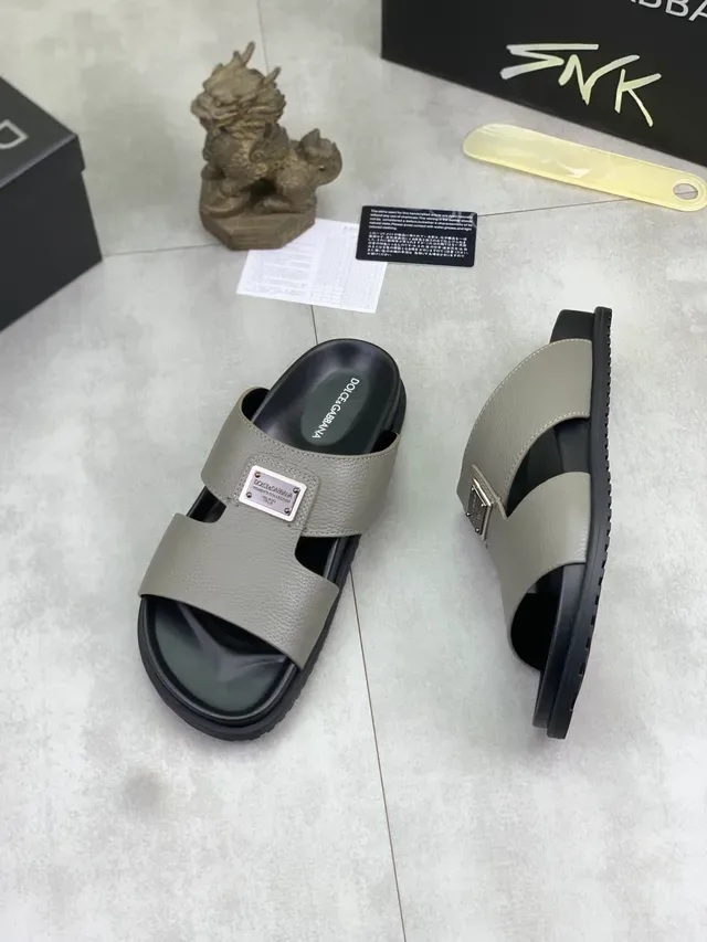 Dolce & Gabbana Gray Pebbled Leather Double-Strap Slide Slippers 5