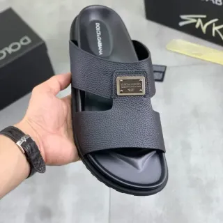 Dolce & Gabbana Moments Collection Black Pebbled Leather Slide Slippers