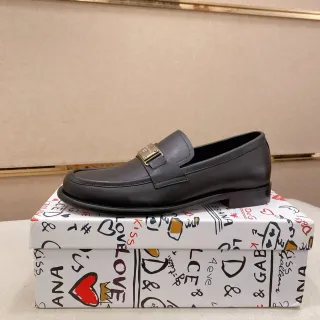 Dolce & Gabbana Portofino Black Gold Leather Metal Buckle Strap Loafer