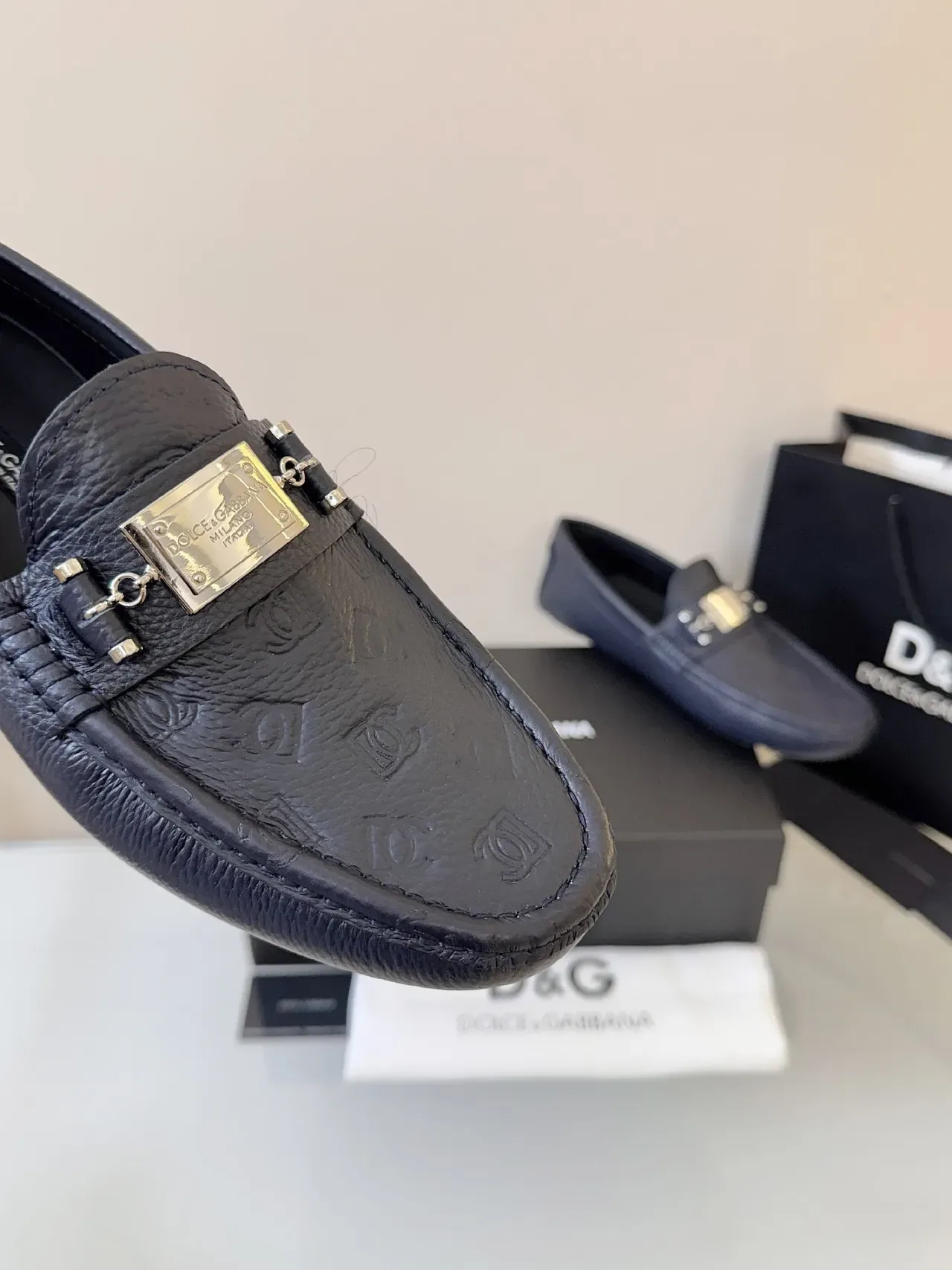 Dolce & Gabbana Portofino Bleu Marine Cuir Embossé Mocassin 3