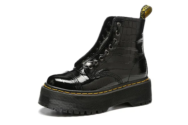 Dr. Martens Botas Martin Negro Amarillo Brillante Cuero con Grabado de Cocodrilo Suela de Plataforma 6