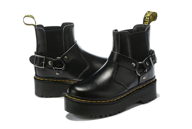Dr. Martens Jadon Black Yellow Platform Sole Buckle Harness Strap Ankle Boots 3