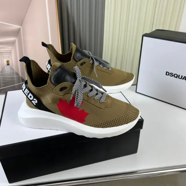 Dsquared2 Beige Red Knit Sock-Fit Upper Maple Leaf Graphic Lifestyle Sneakers 8