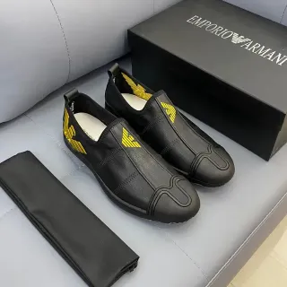 Emporio Armani Black Yellow Leather Slip-On Embroidered Eagle Logo Loafer