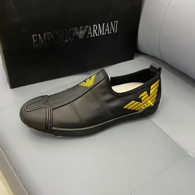 Emporio Armani Black Yellow Leather Slip-On Embroidered Eagle Logo Loafer 2