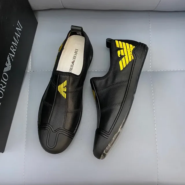 Emporio Armani Black Yellow Leather Slip-On Embroidered Eagle Logo Loafer 7