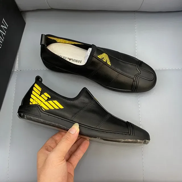 Emporio Armani Black Yellow Leather Slip-On Embroidered Eagle Logo Loafer 8