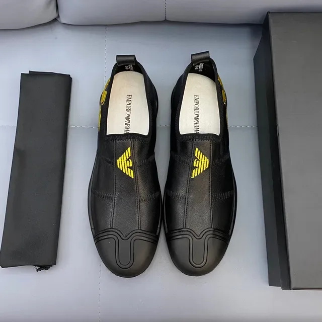 Emporio Armani Black Yellow Leather Slip-On Embroidered Eagle Logo Loafer 9