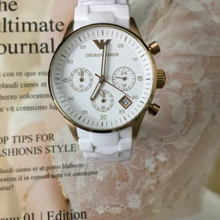 Emporio Armani Classic Chronograph White Ceramic Strap Gold-Tone Quartz Watch