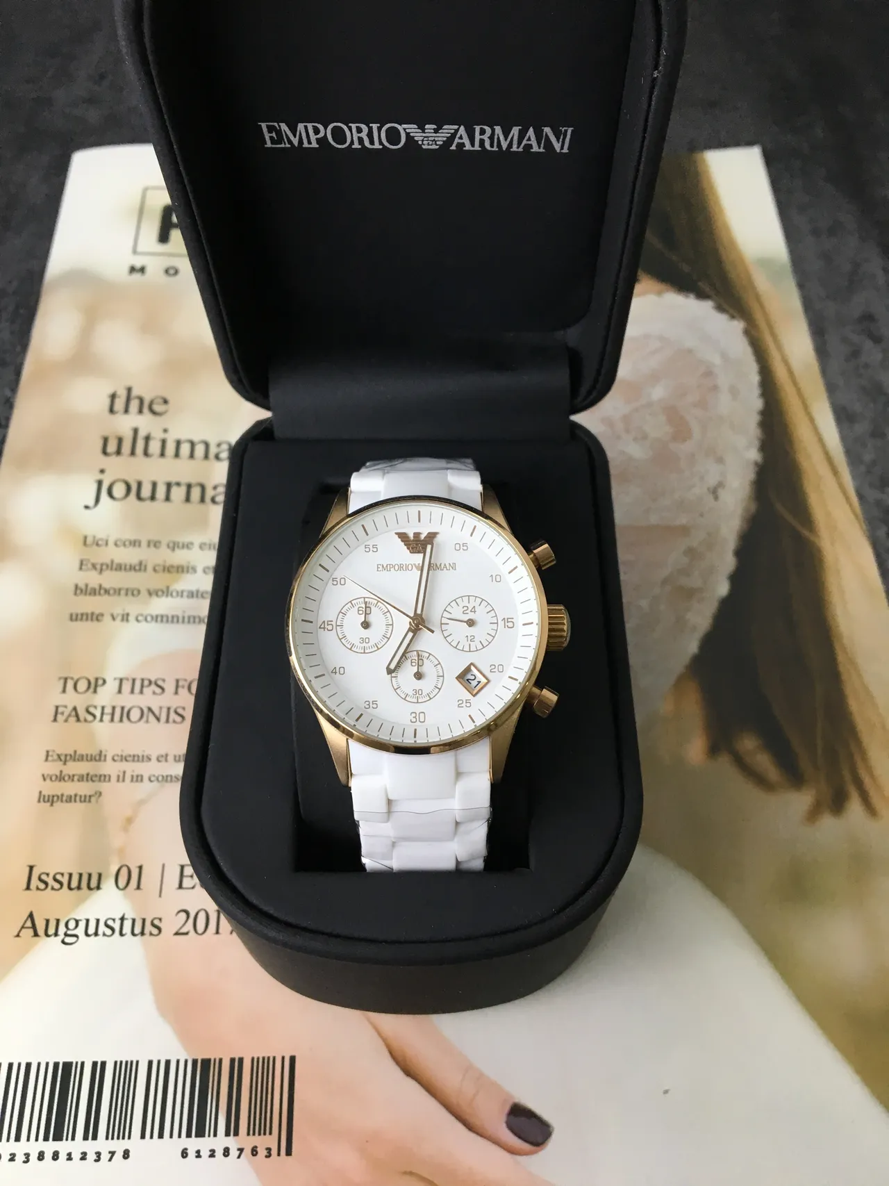 Emporio Armani Montre Chronographe Classique Bracelet Céramique Blanc Or Doré Quartz 3